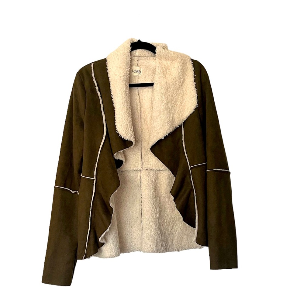 NWOT Suede and faux fur open front olive green jacket